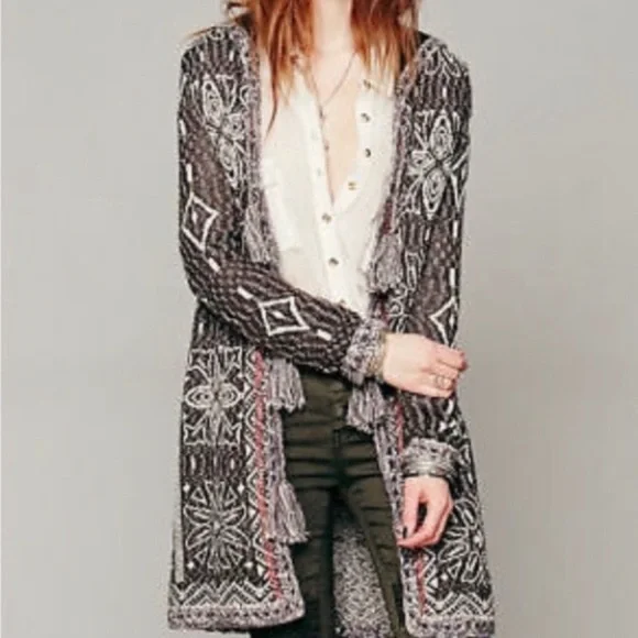 Free People Kai Pom Pom Hooded Cardigan in Brown - Picture 2 of 8